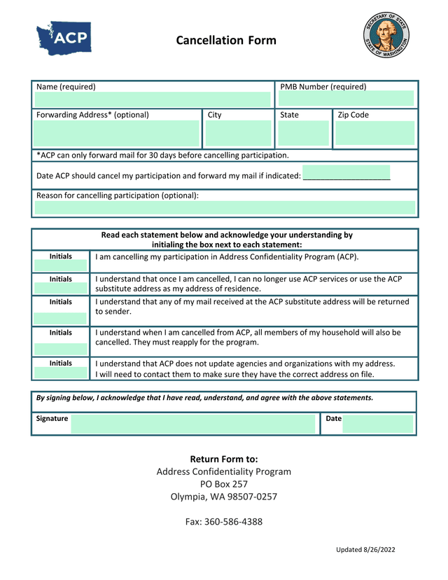 Cancellation Form screenshot