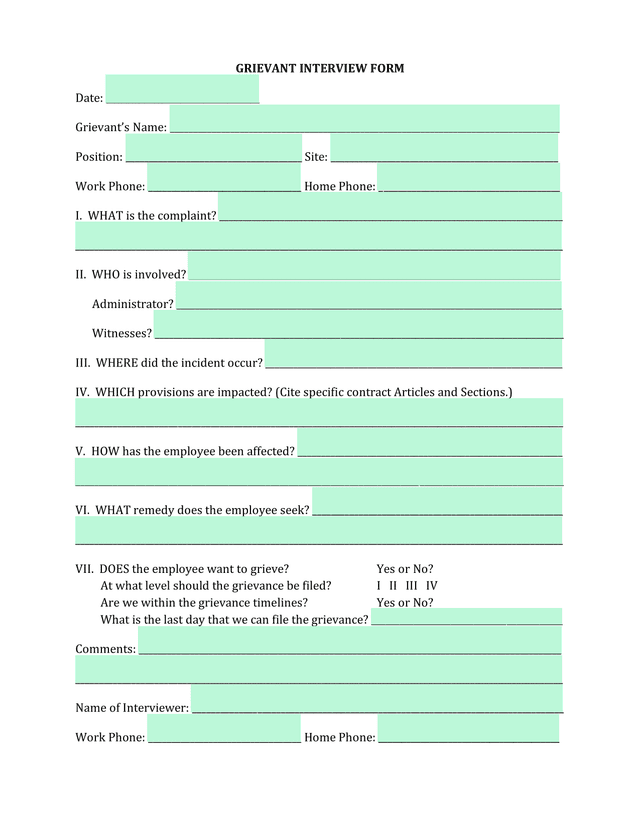 GRIEVANT INTERVIEW FORM screenshot