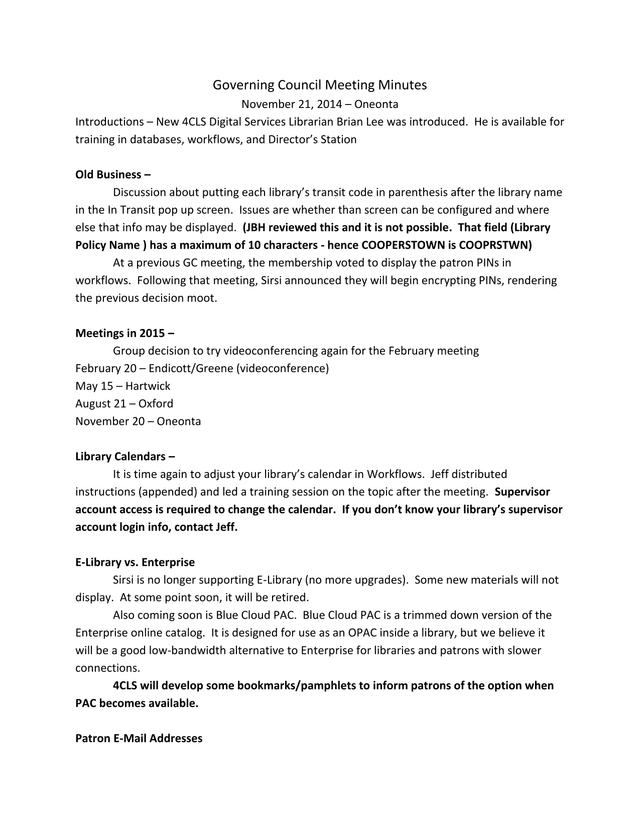 Governing Council Meeting Minutes screenshot