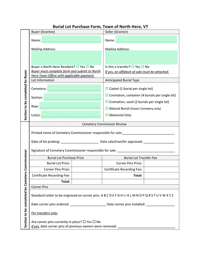 Burial Lot Purchase Form, Town Of North Hero, VT screenshot