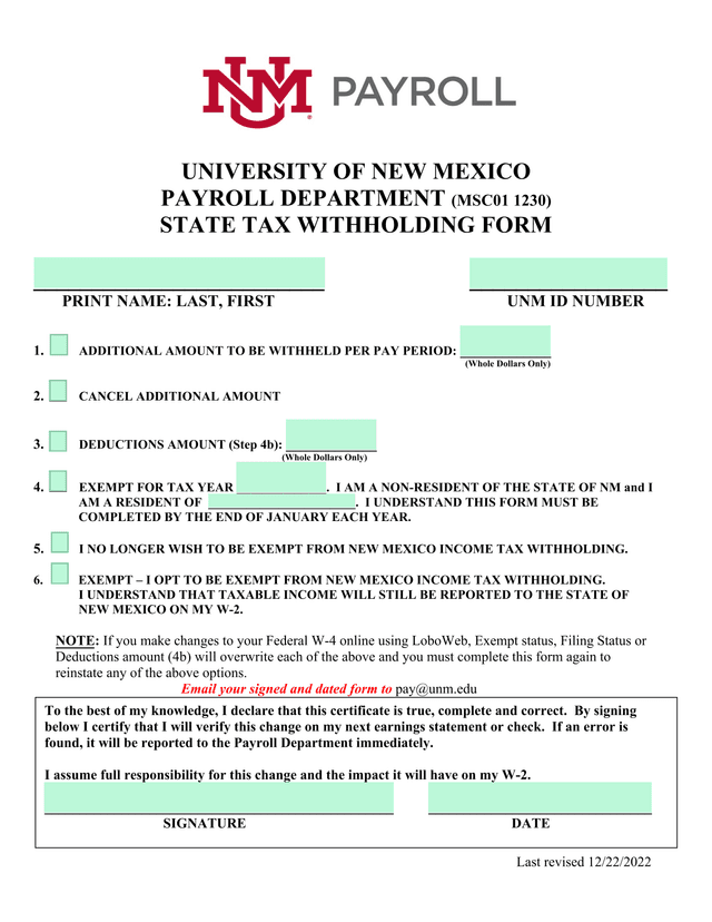 State Tax Withholding Form screenshot