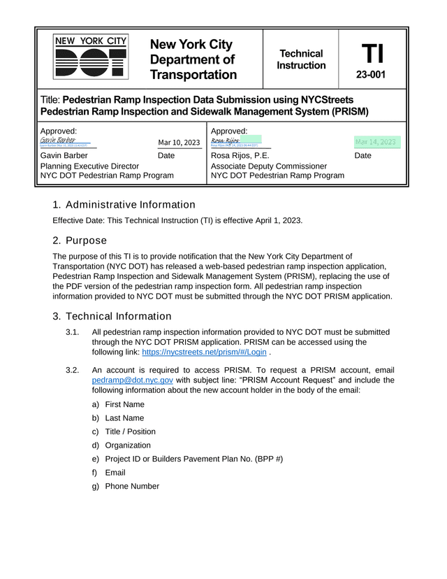 Technical Instruction TI 23 001 Pedestrian Ramp Inspection Data Submission Using NYCStreets PRISM screenshot