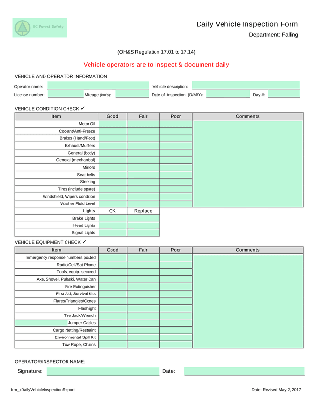Daily Vehicle Inspection Form screenshot