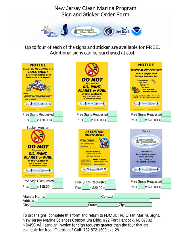 New Jersey Clean Marina Program Sign And Sticker Order Form screenshot