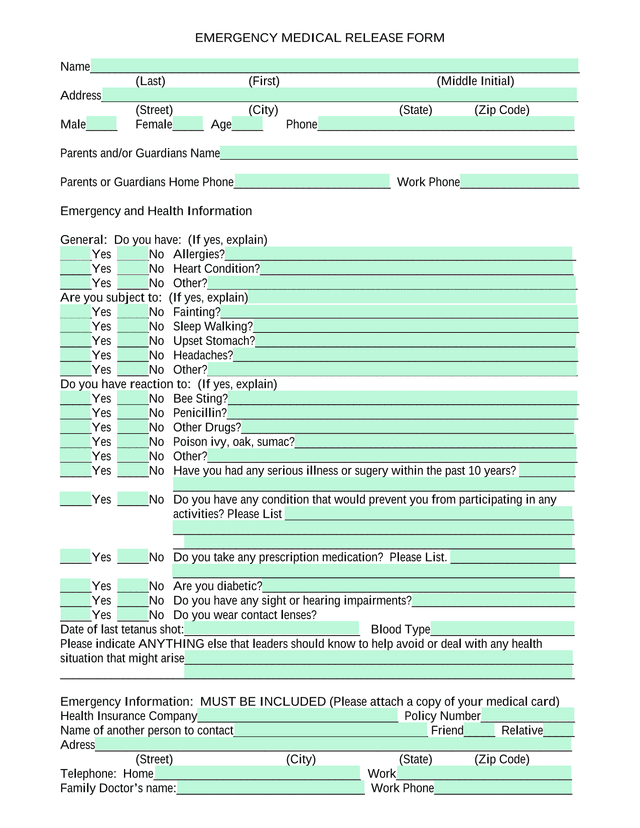 Emergency Medical Release Form screenshot
