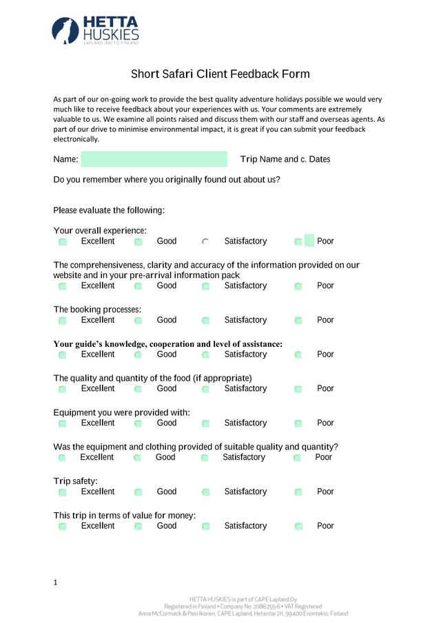 Short Safari Client Feedback Form screenshot