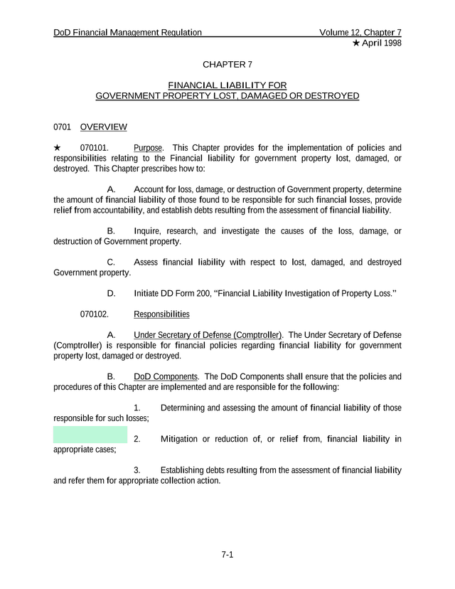 DoD Financial Management Regulation Volume 12, Chapter 7 screenshot