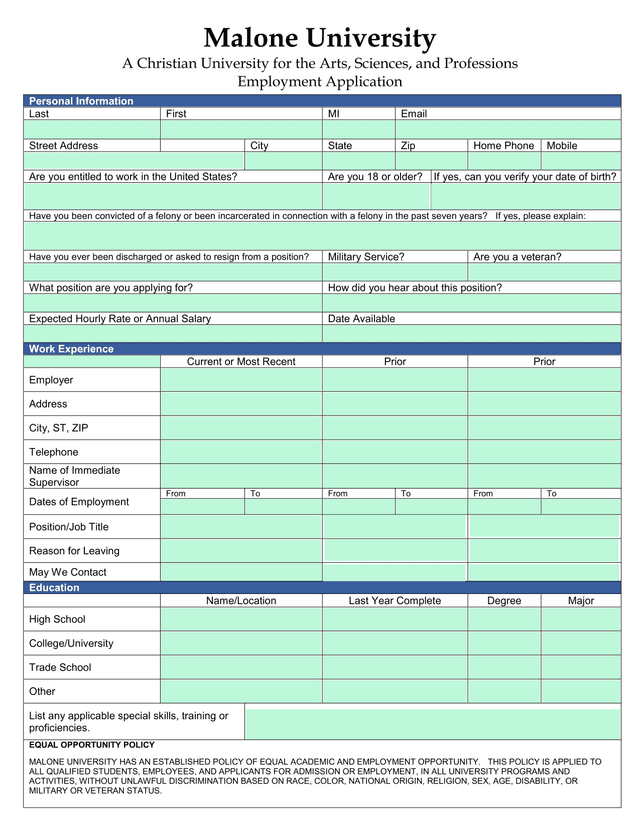 Malone University Employment Application screenshot