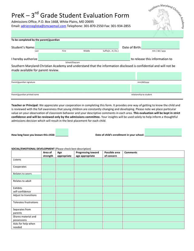 PreK  3rd Grade Student Evaluation Form screenshot
