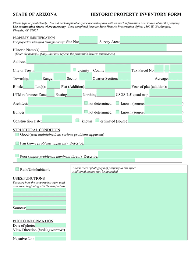 STATE OF ARIZONA HISTORIC PROPERTY INVENTORY FORM screenshot