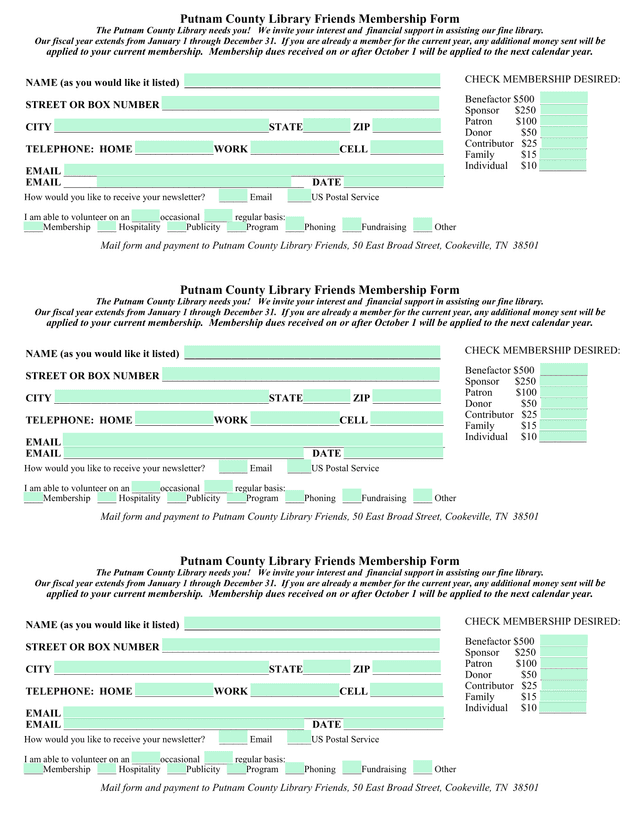 Putnam County Library Friends Membership Form screenshot