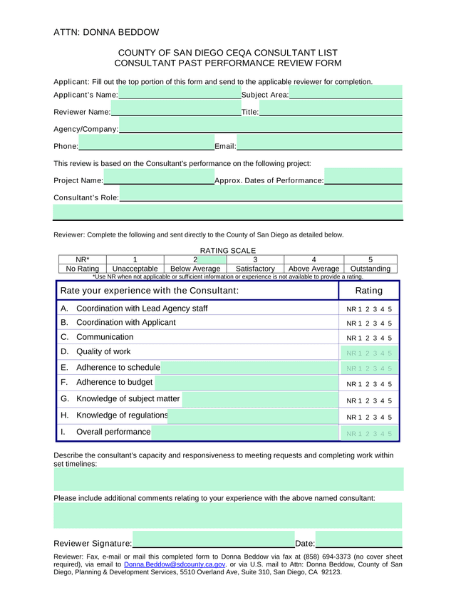 County Of San Diego CEQA Consultant List Consultant Past Performance Review Form screenshot