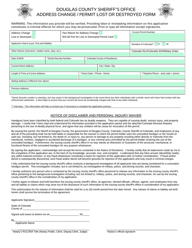Douglas County SheriffS Office Address Change  Permit Lost Or Destroyed Form screenshot