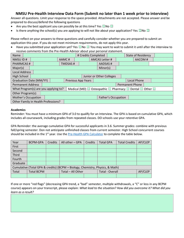 NMSU Pre Health Interview Data Form screenshot