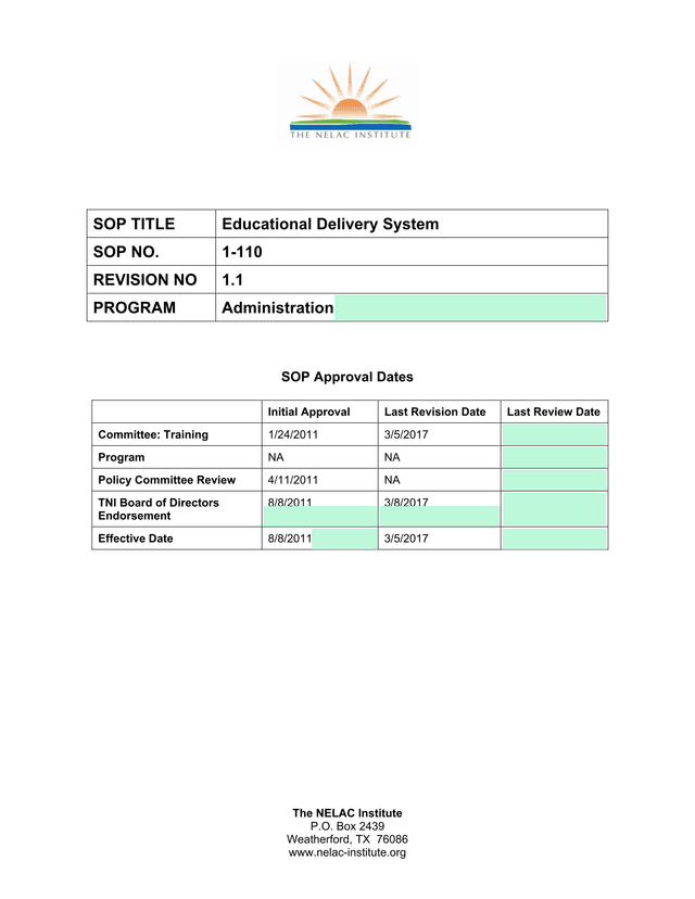 TNI Standard Operating Procedure Educational Delivery System screenshot
