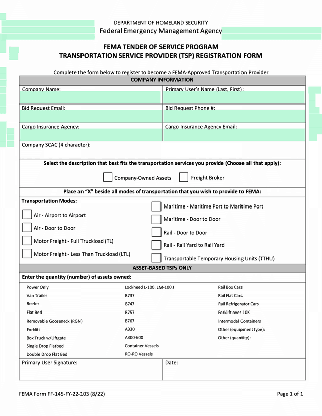 FEMA TENDER OF SERVICE PROGRAM TRANSPORTATION SERVICE PROVIDER (TSP) REGISTRATION FORM screenshot