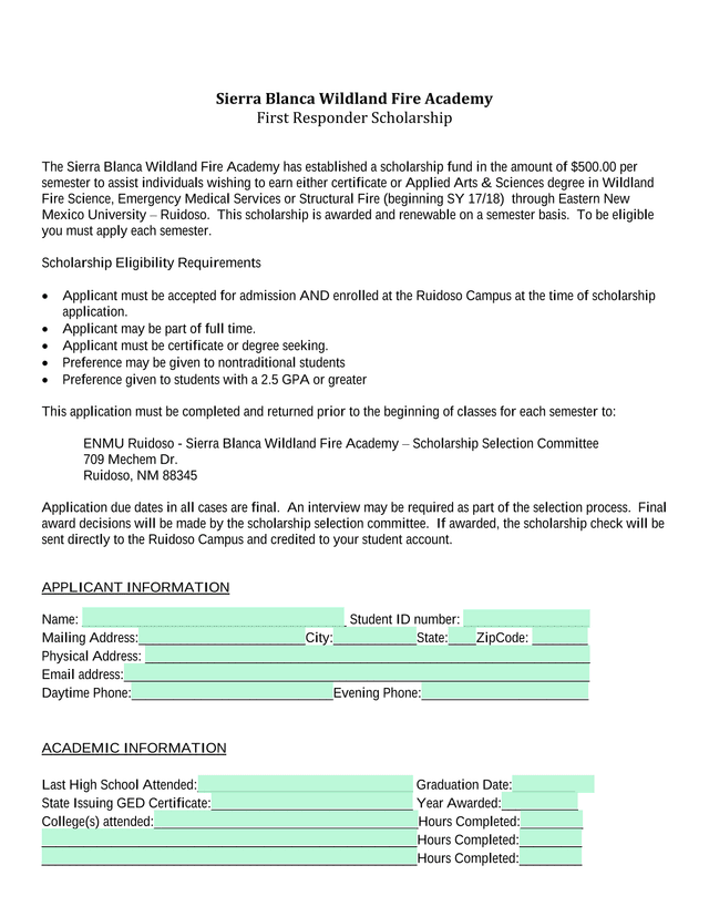 Sierra Blanca Wildland Fire Academy First Responder Scholarship screenshot