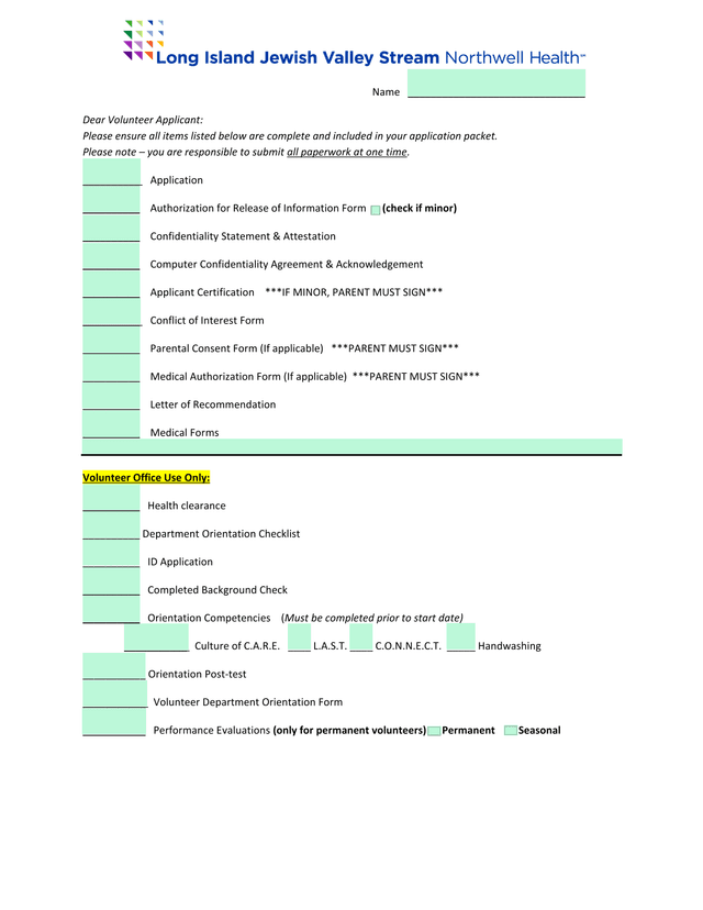 Volunteer Application Packet Checklist screenshot