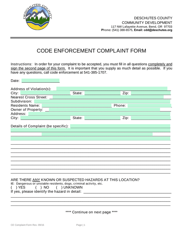 Code Enforcement Complaint Form screenshot