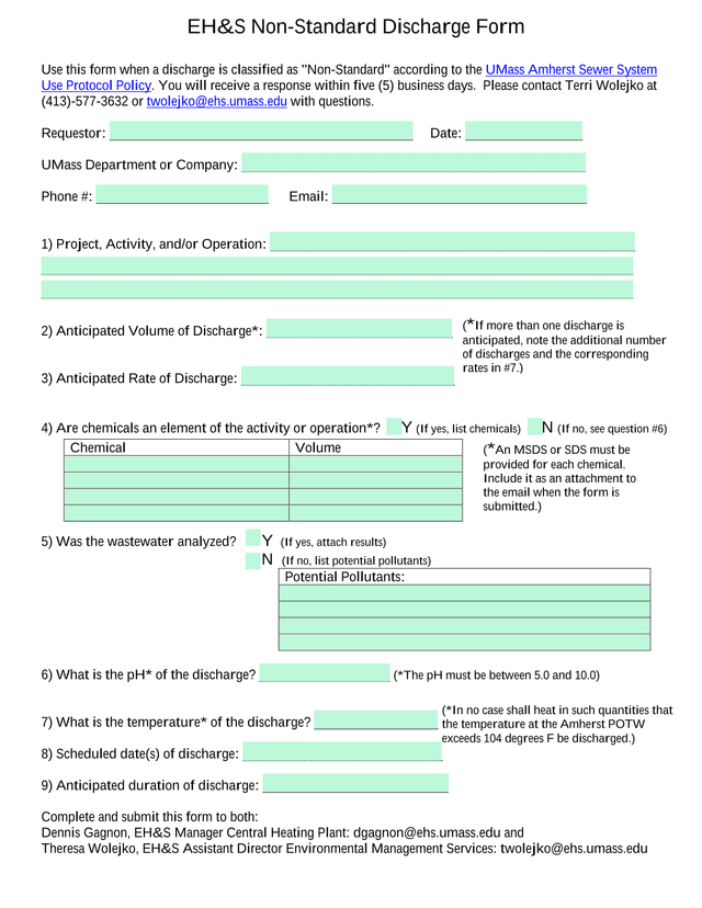 EHS Non Standard Discharge Form screenshot