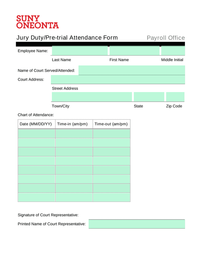 Jury DutyPre Trial Attendance Form screenshot