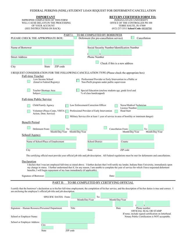 FEDERAL PERKINS (NDSL) STUDENT LOAN REQUEST FOR DEFERMENTCANCELLATION screenshot