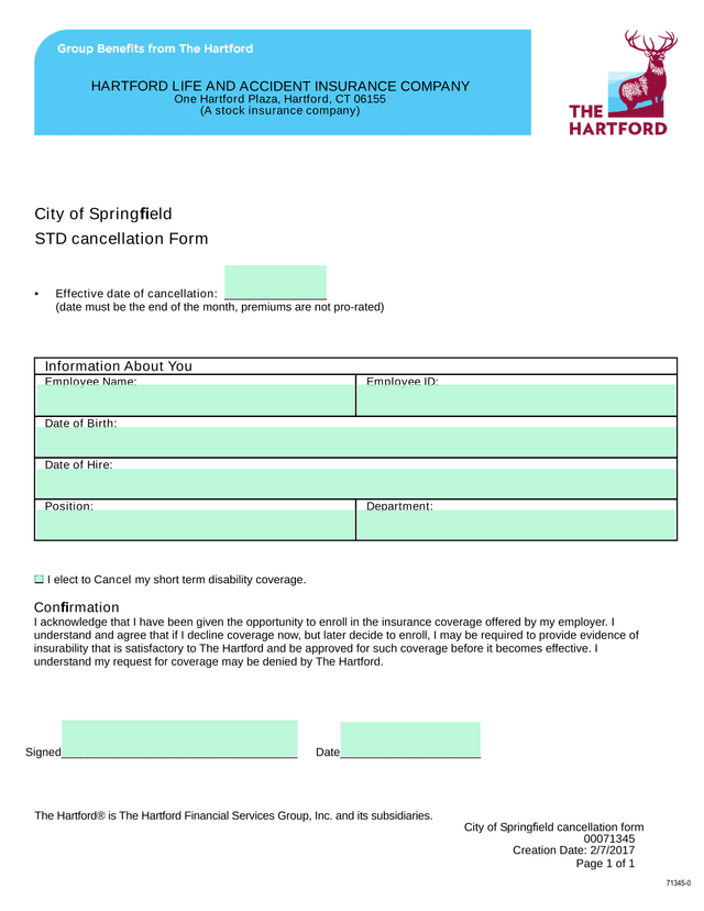 City Of Springfield STD Cancellation Form screenshot