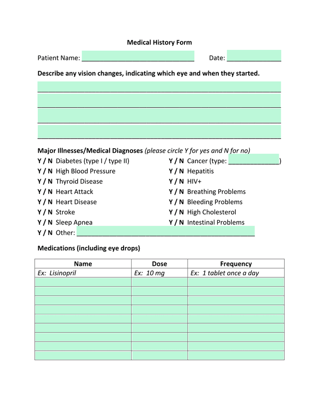 Medical History Form screenshot