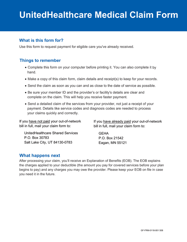 UnitedHealthcare Medical Claim Form screenshot