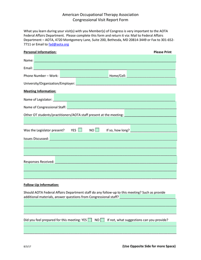 Congressional Visit Report Form screenshot