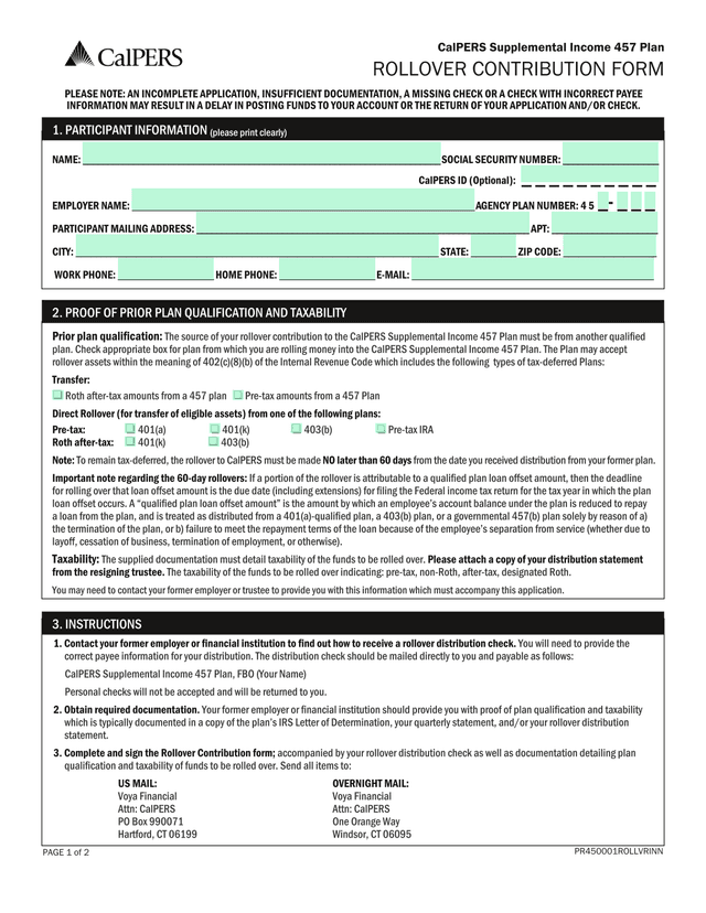 CalPERS Supplemental Income 457 Plan Rollover Contribution Form screenshot