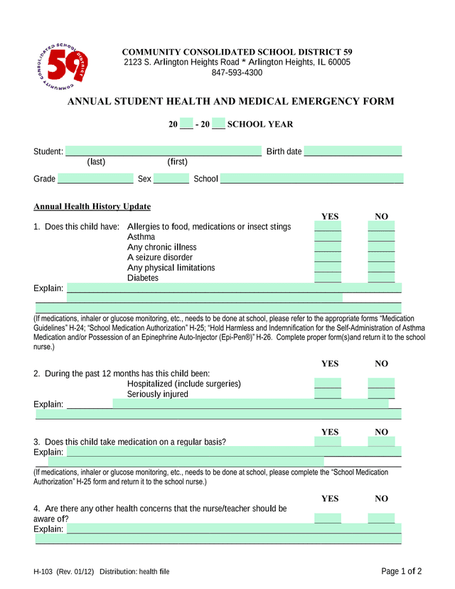 ANNUAL STUDENT HEALTH AND MEDICAL EMERGENCY FORM screenshot