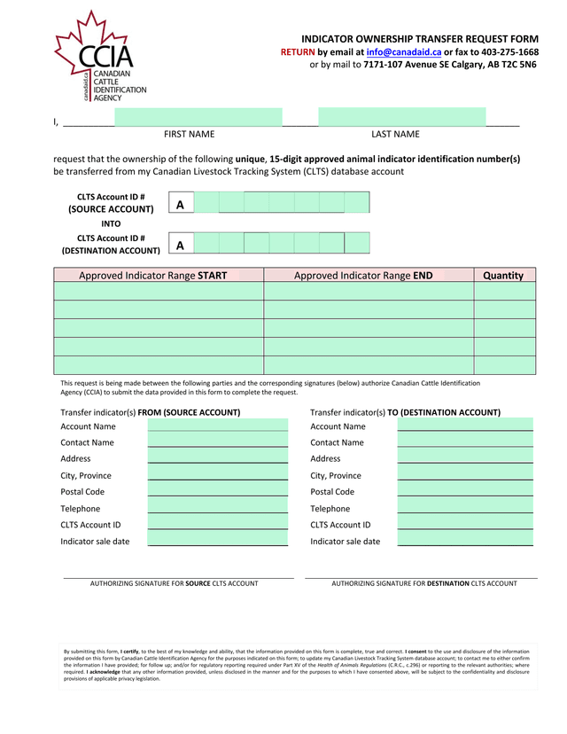 Indicator Ownership Transfer Request Form screenshot