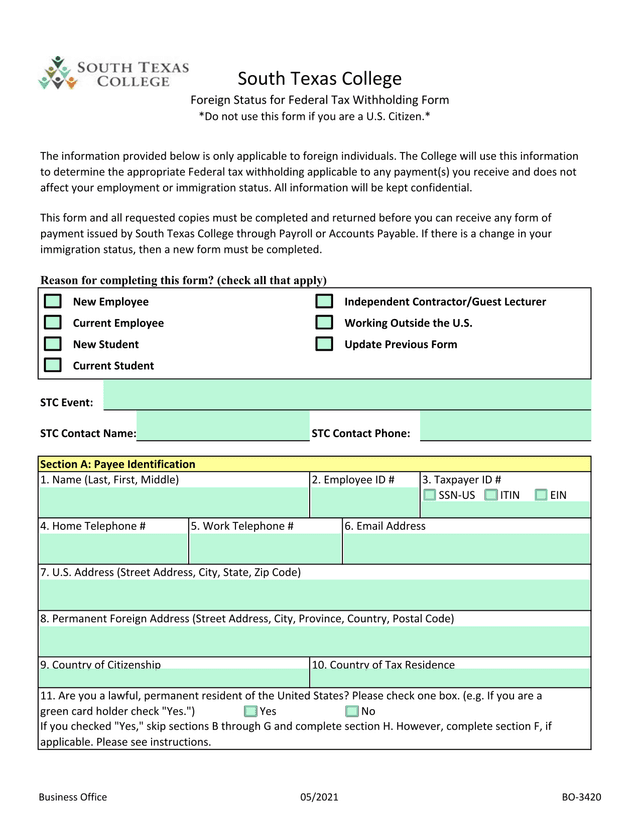 Foreign Status For Federal Tax Withholding Form screenshot
