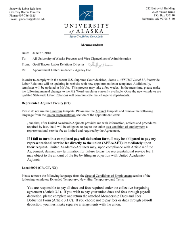 Memorandum Appointment Letter Guidance   Agency Fee screenshot
