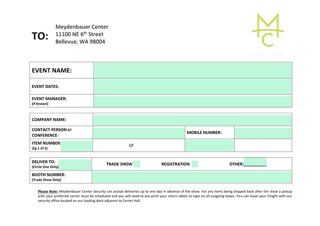 Meydenbauer Center Delivery Form screenshot