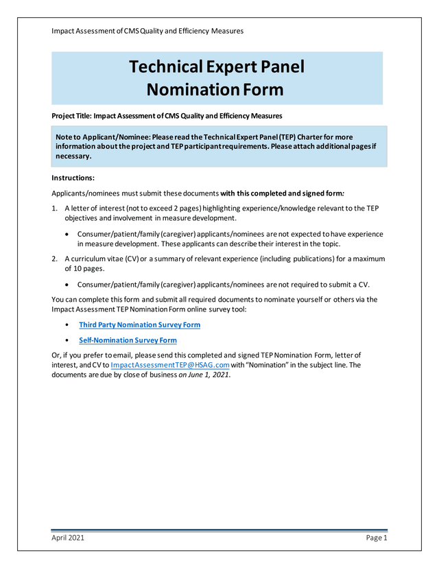 Technical Expert Panel Nomination Form screenshot