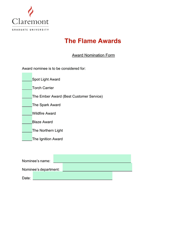 The Flame Awards Award Nomination Form screenshot