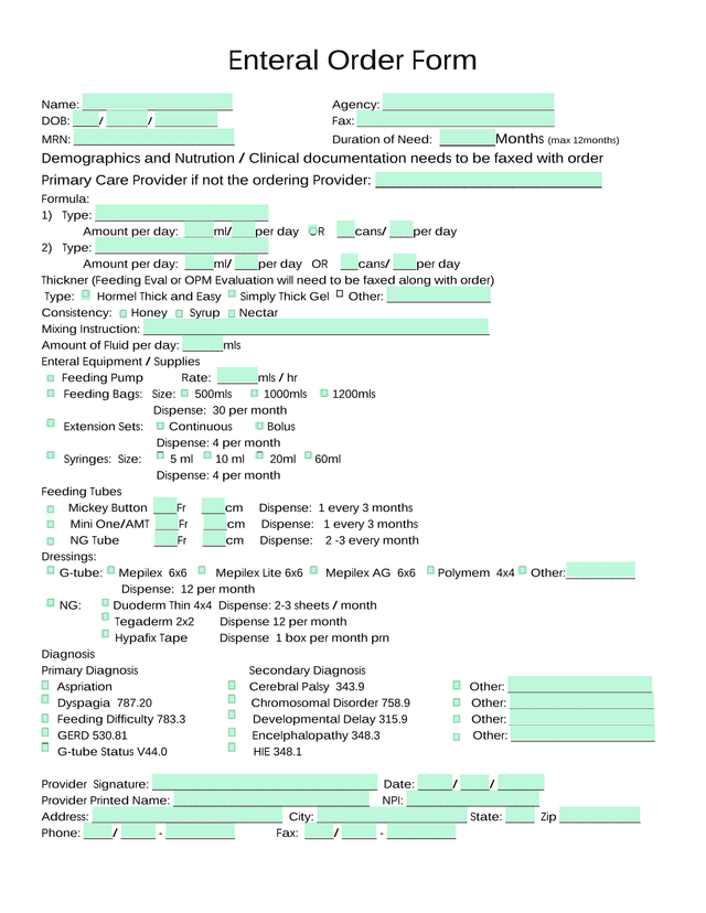Enteral Order Form screenshot