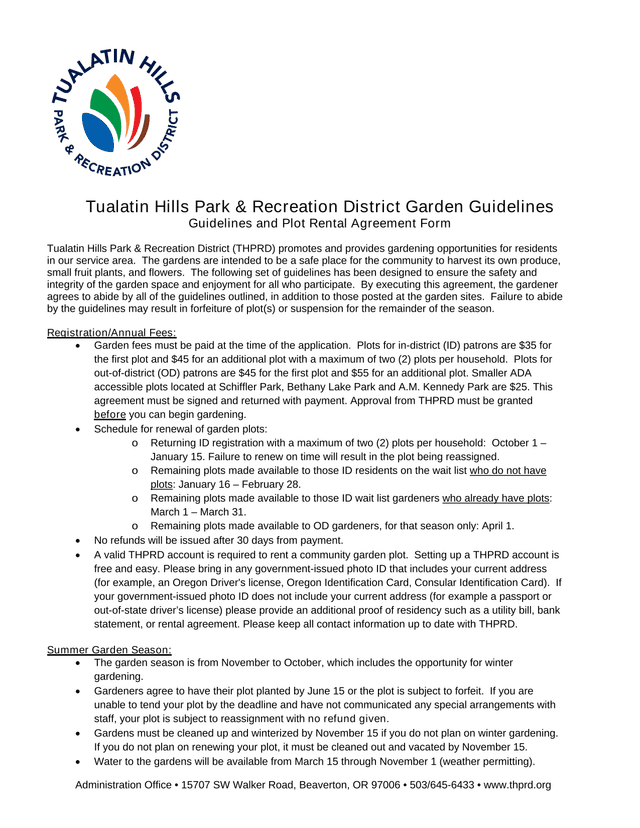 Tualatin Hills Park  Recreation District Garden Guidelines And Plot Rental Agreement Form screenshot