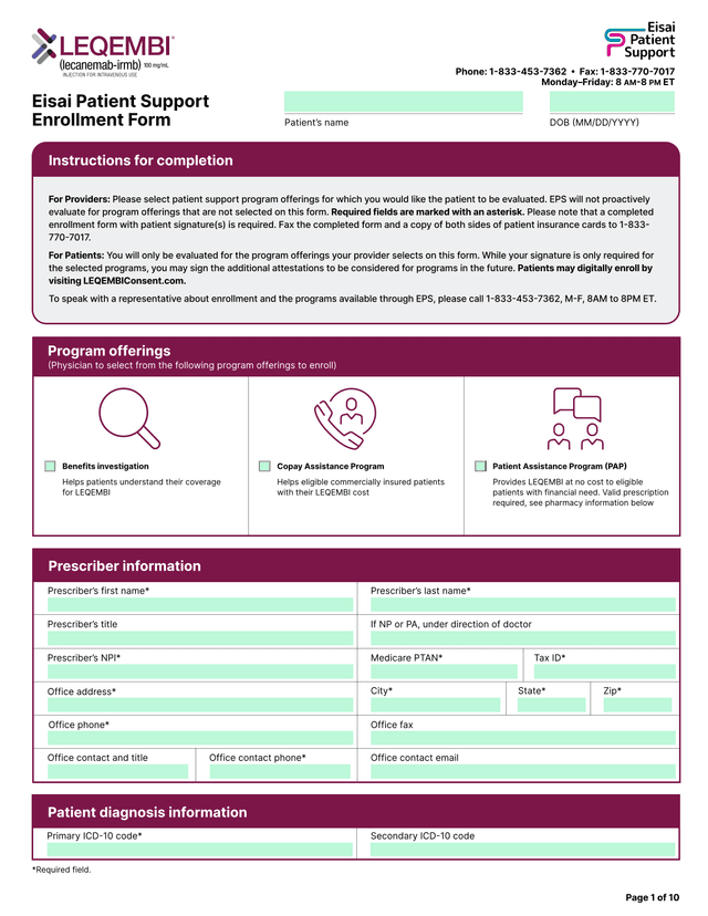 Eisai Patient Support Enrollment Form screenshot