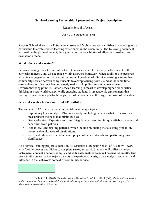 Service Learning Partnership Agreement And Project Description screenshot