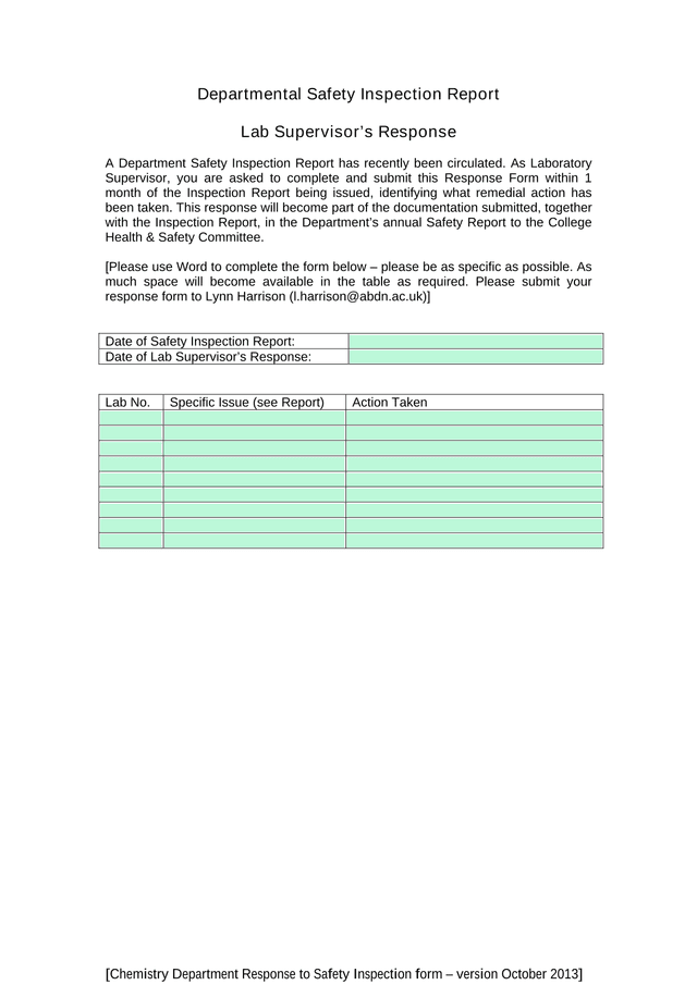Chemistry Department Response To Safety Inspection screenshot