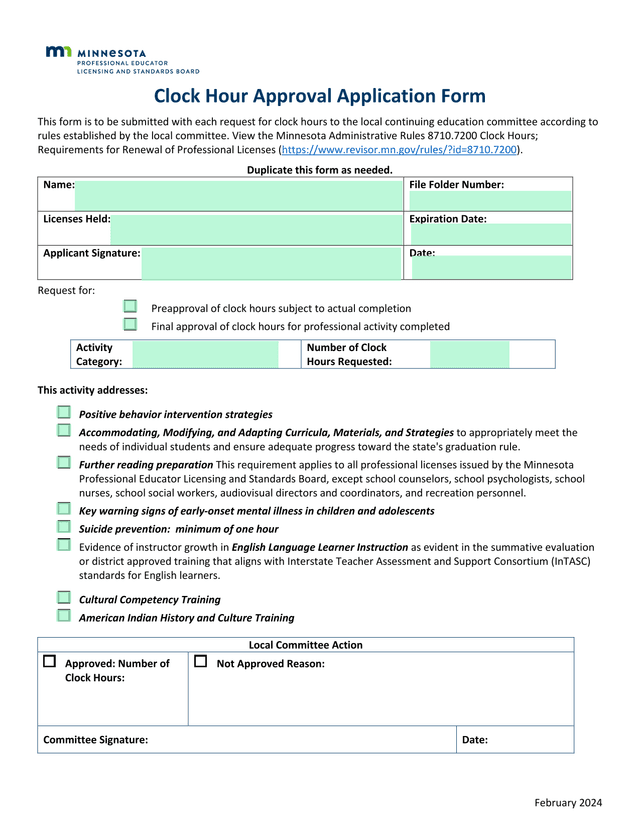 Clock Hour Approval Application Form screenshot