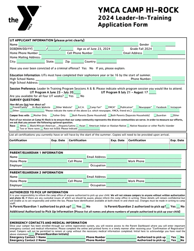 YMCA CAMP HI ROCK 2024 Leader In Training Application Form screenshot