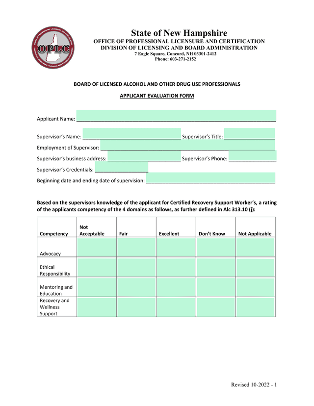 Applicant Evaluation Form screenshot