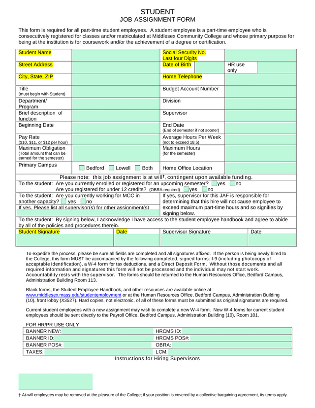 Student Job Assignment Form screenshot