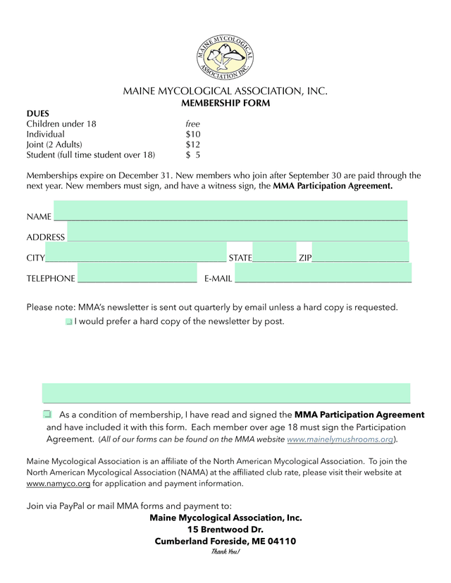 Maine Mycological Association, Inc. Membership Form screenshot
