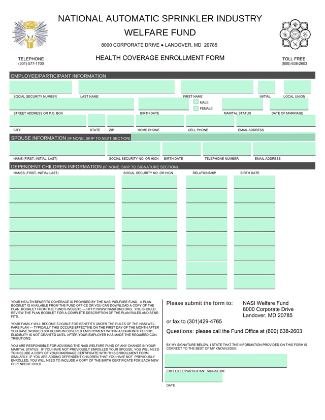 HEALTH COVERAGE ENROLLMENT FORM screenshot
