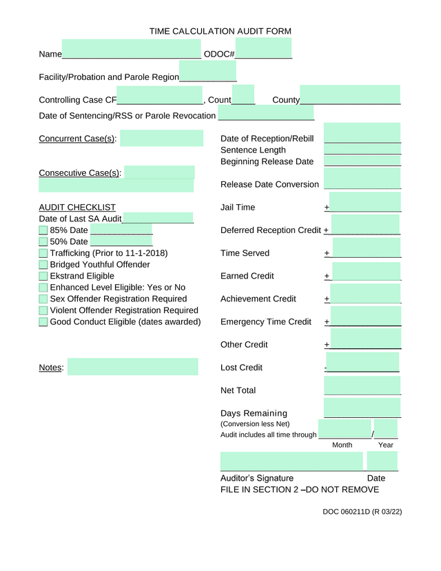 TIME CALCULATION AUDIT FORM screenshot